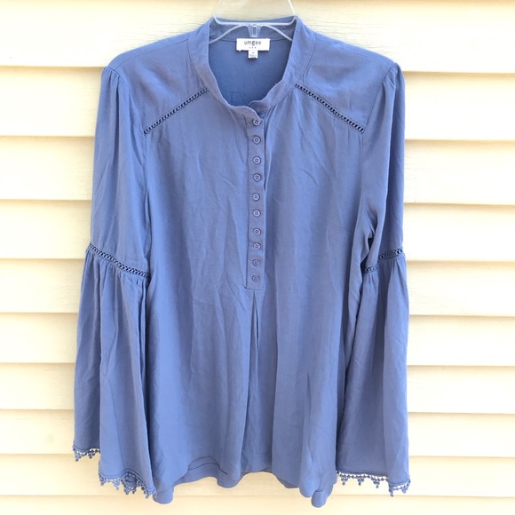 Umgee Popover Tunic Long Trumpet Sleeves Blue Med - Picture 2 of 13